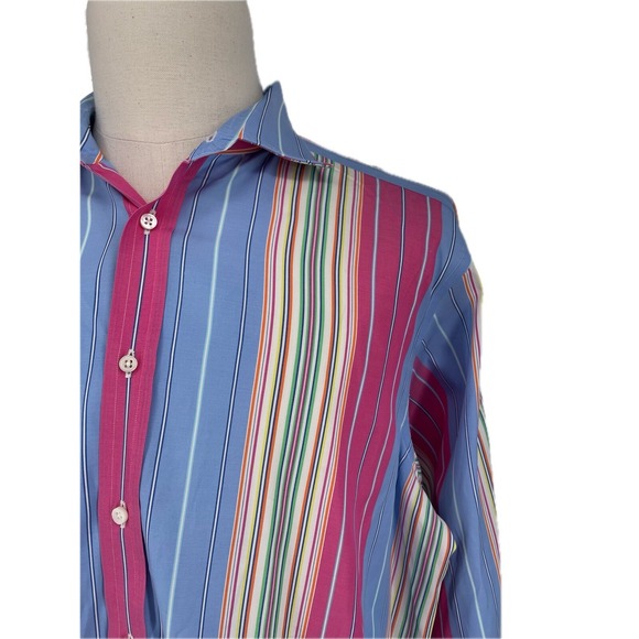 Ralph Lauren Purple Label Blue Multicolor Stripe Cotton Shirt 17 XL Long Sleeve - Picture 4 of 9